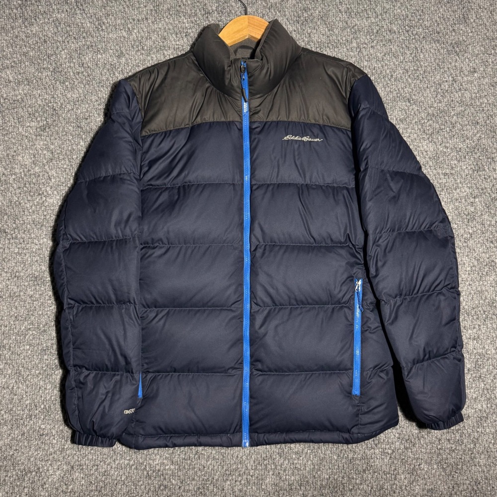 Eddie Bauer EB650 Down Puffer Jacket Navy Blue Black Colorblock Men's Size Small
